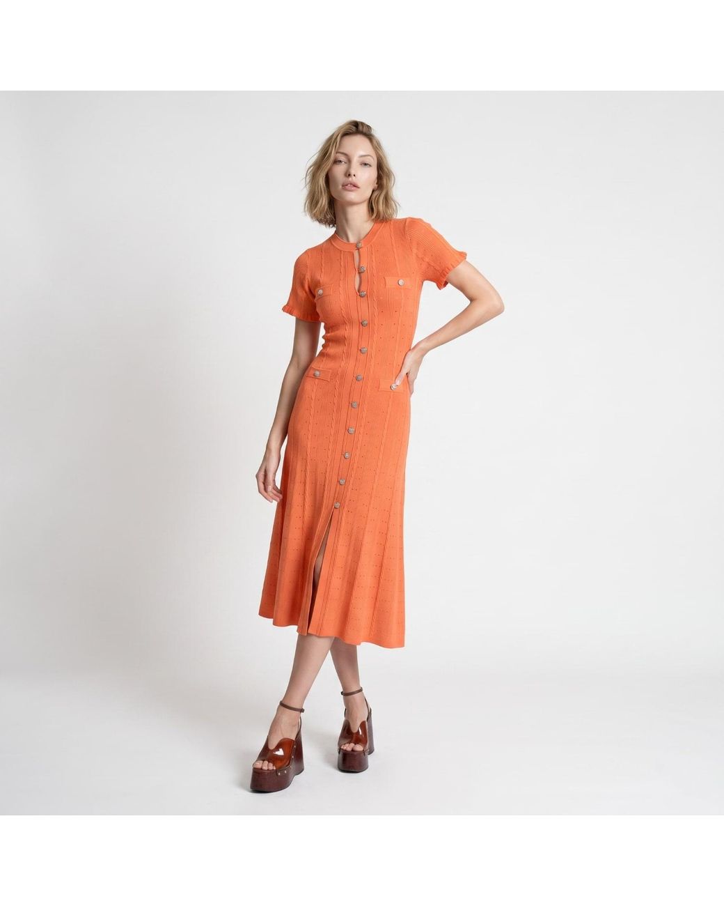 Modenaire Orange Button Front Knit Midi Dress