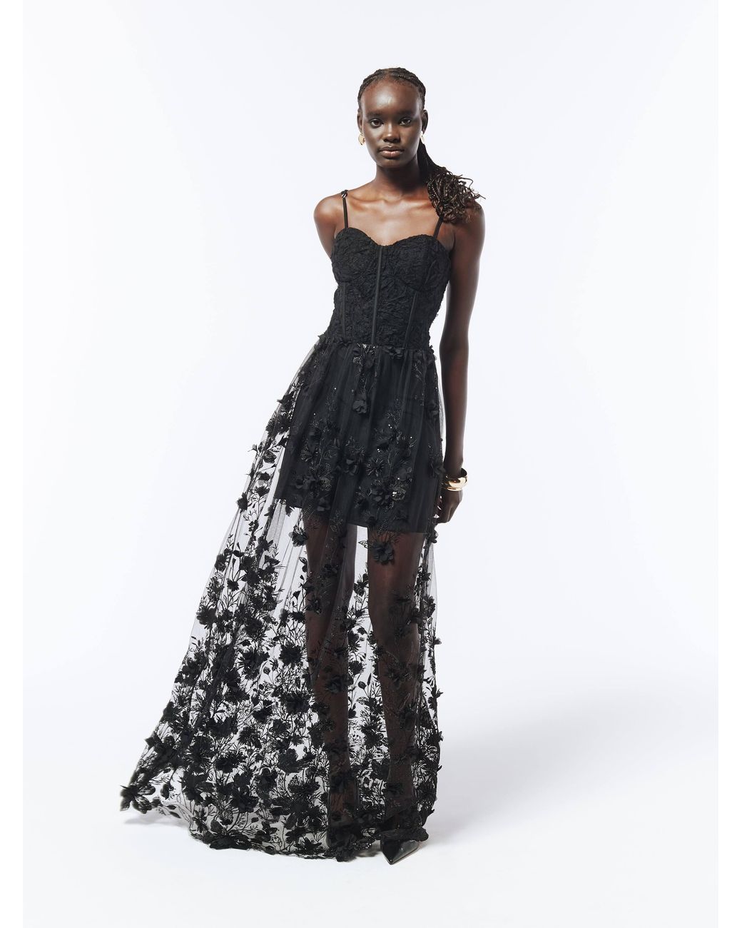 Sour Figs Black Floral Appliqué Embroidered Sequin Sheer Gown
