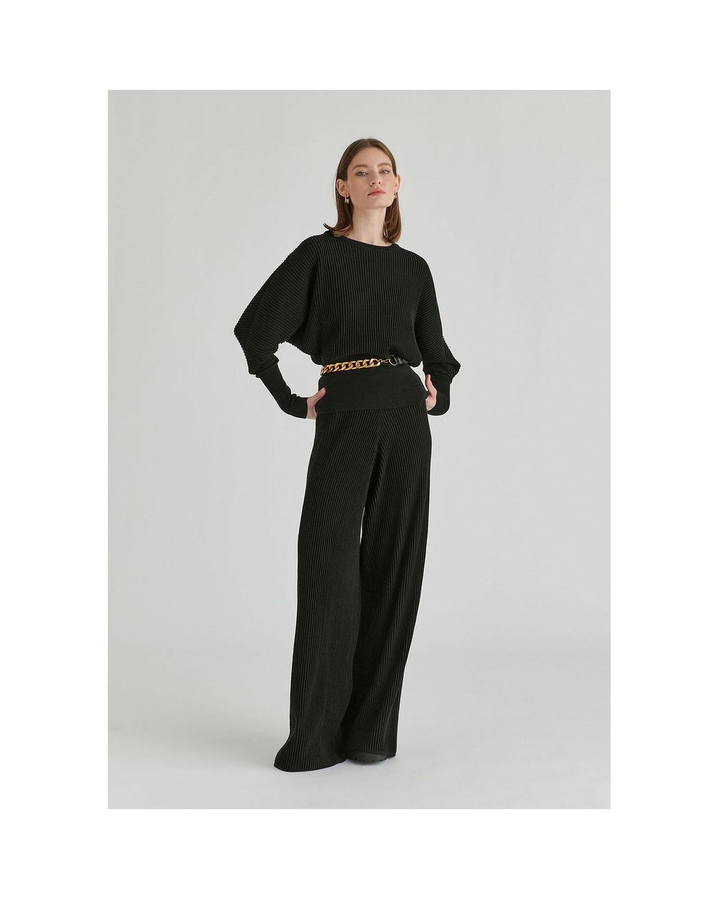 Paisie Black Ribbed Trousers With Wide Waistband