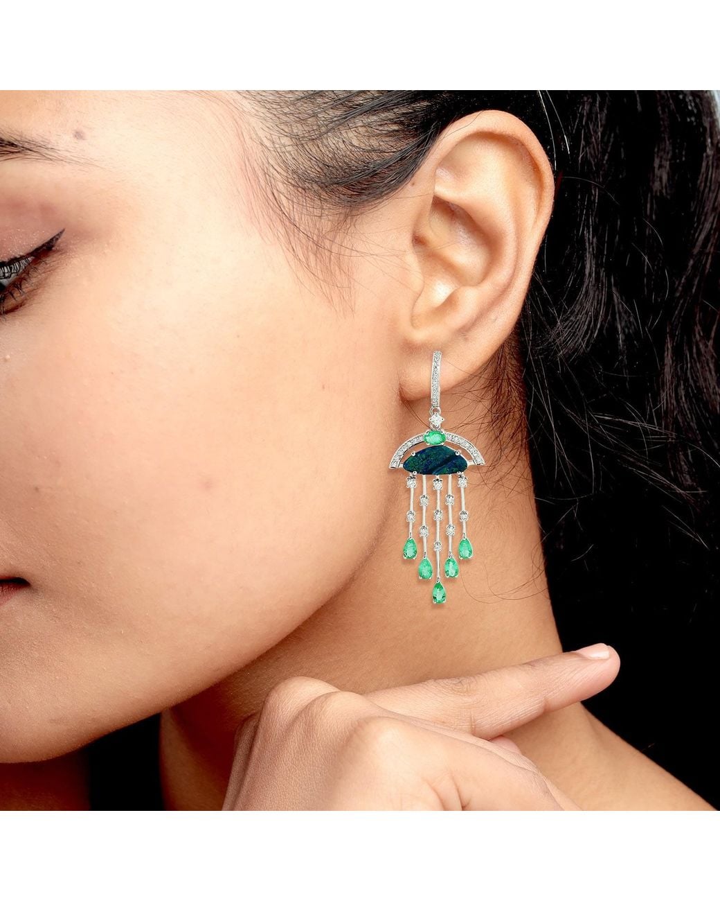 Artisan Green Emerald, Opal & Diamond Chandelier Drop Earrings