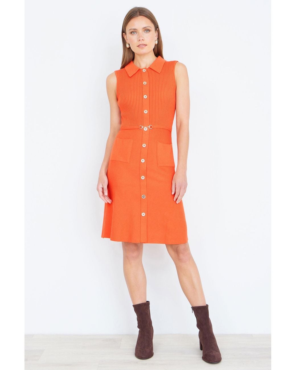 Yumi' Orange Rib Knitted Skater Dress With Buckle Detail