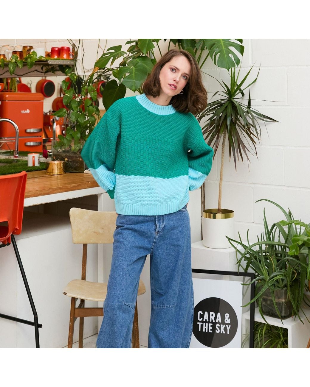 Cara & The Sky Green Taz Colour Block Balloon Sleeve Jumper