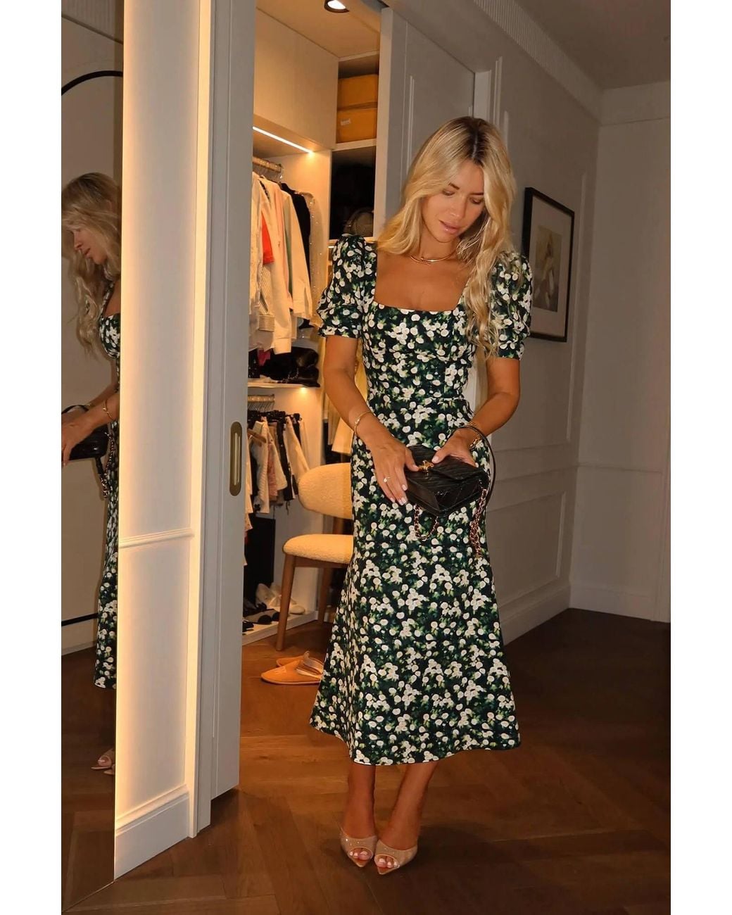POST MERIDIEM Green Flowers Godet Silhouette Square Neck Midi Dress