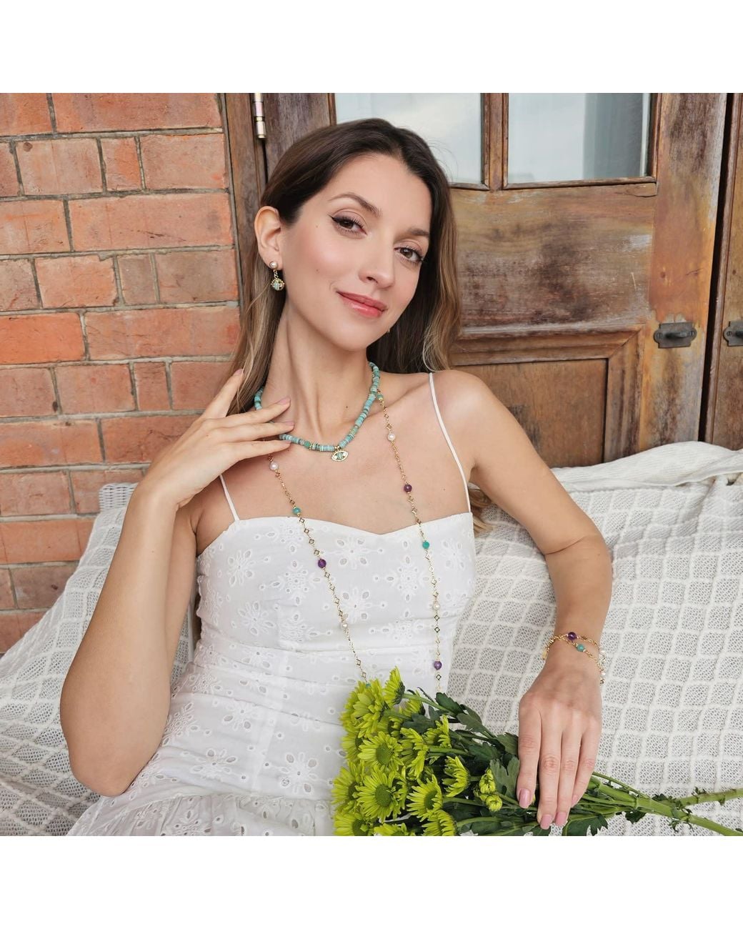 Farra White Amethyst Amazonite & Pearl Long Station Necklace