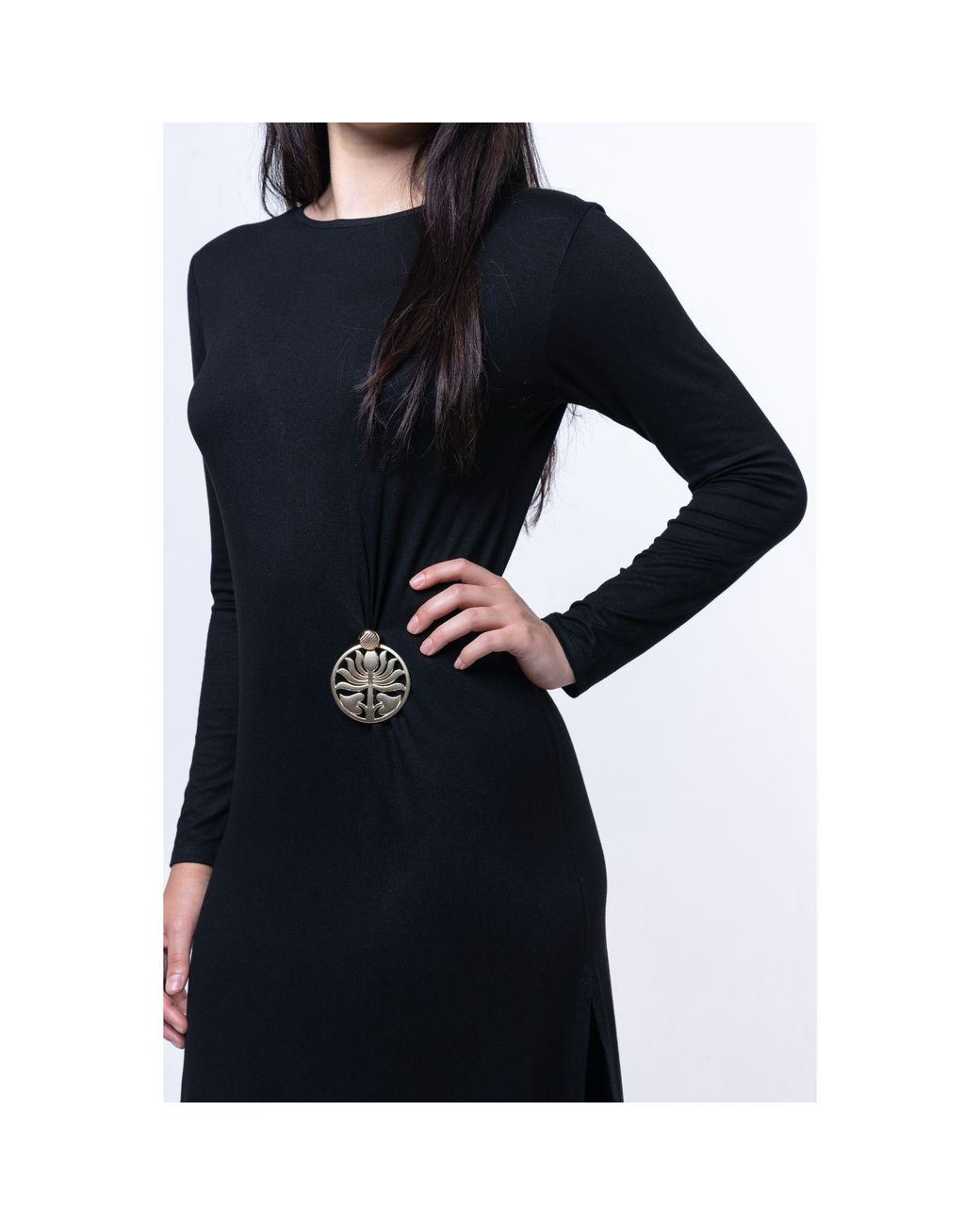 House of Gl Black Onyx Luxury Stretch Knit Long Sleeve Midi Dress With Lotus Emblem
