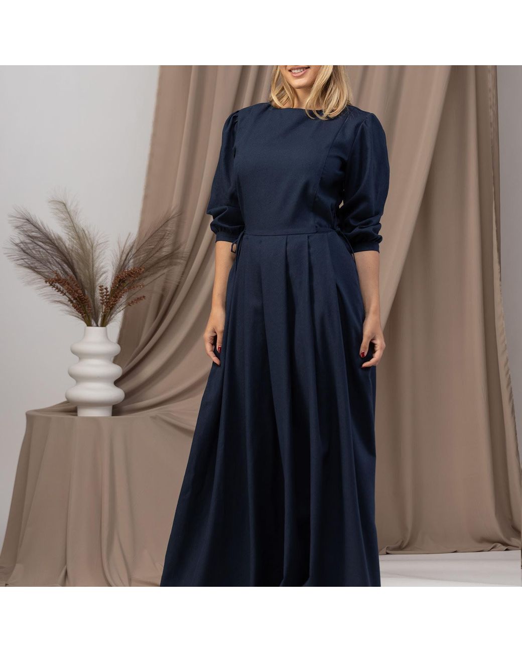 Nikka Place Blue Vintage Inspired Linen Dress With Puff Sleeves And Pockets