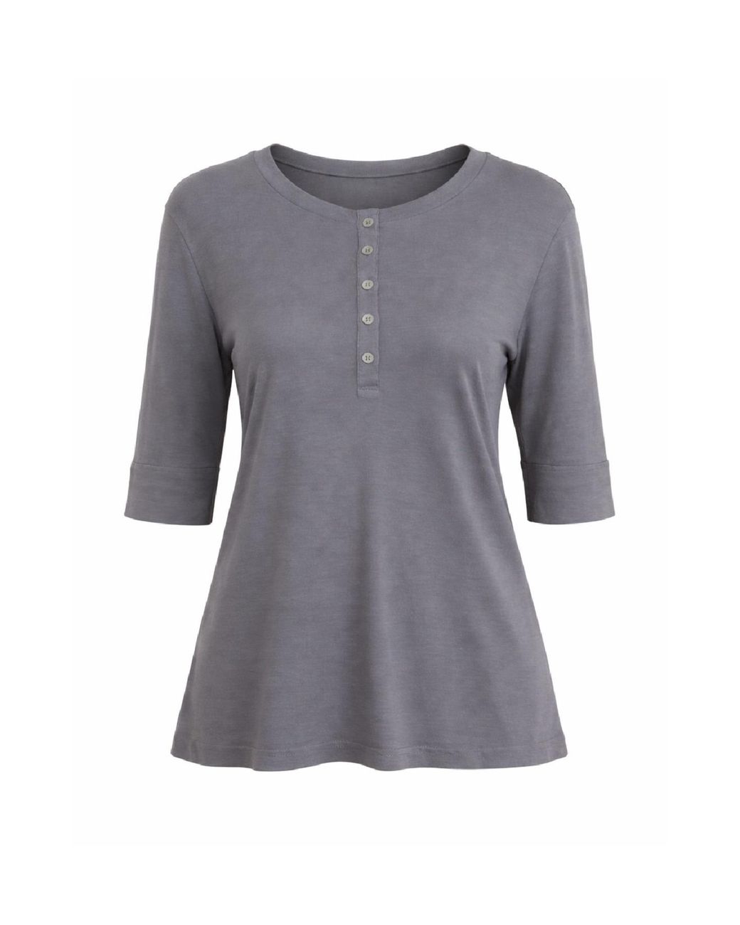 Conquista Gray Button-Front Three-Quarter Sleeve Top