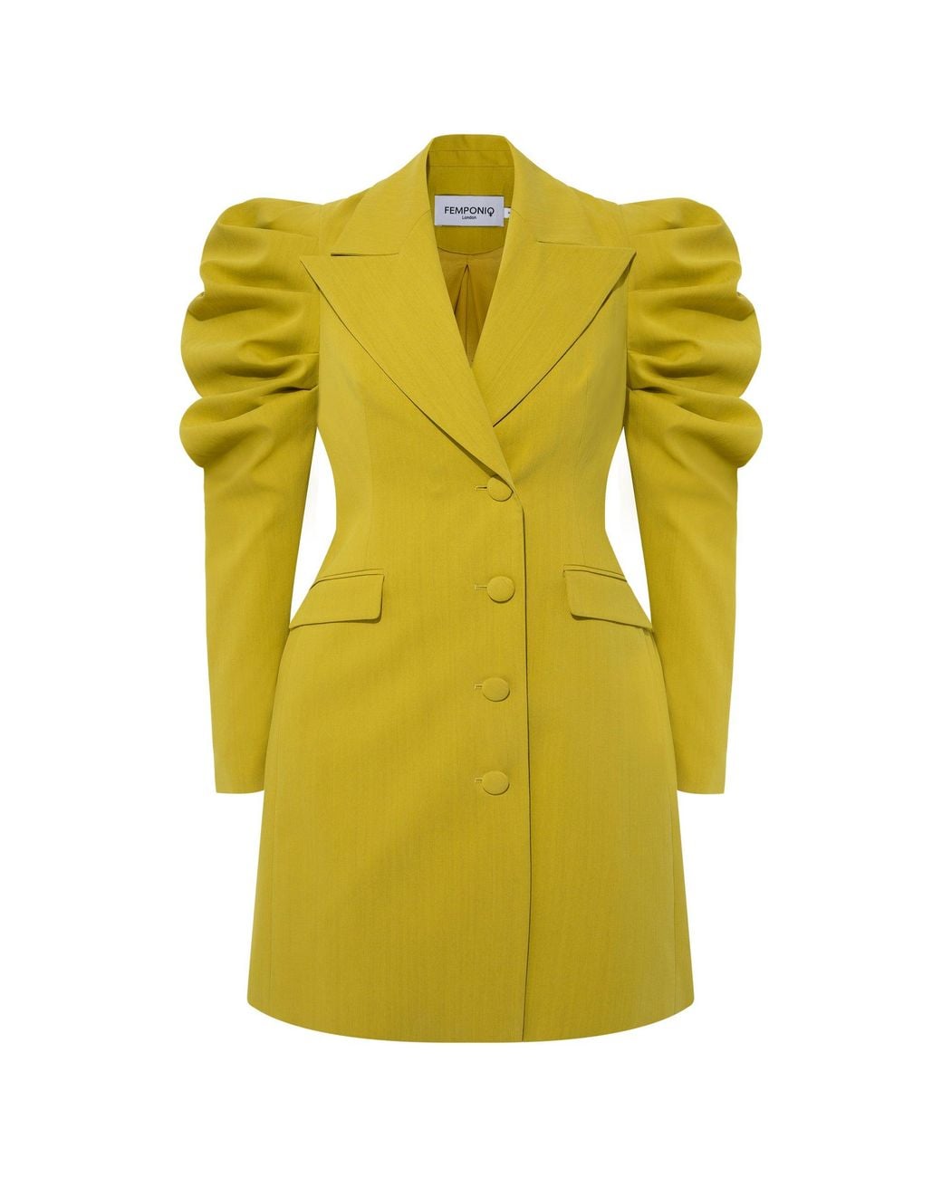 Femponiq Yellow Draped Sleeved Tailored Blazer Dress