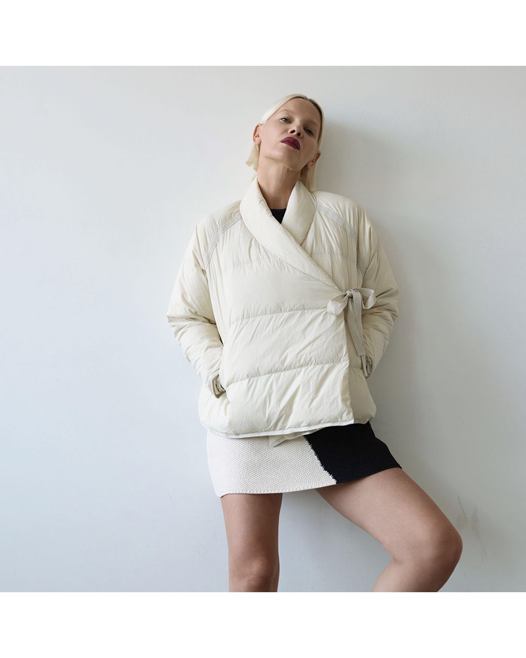 London Atelier Byproduct Natural Neutrals Quilted Wrap Down Jacket