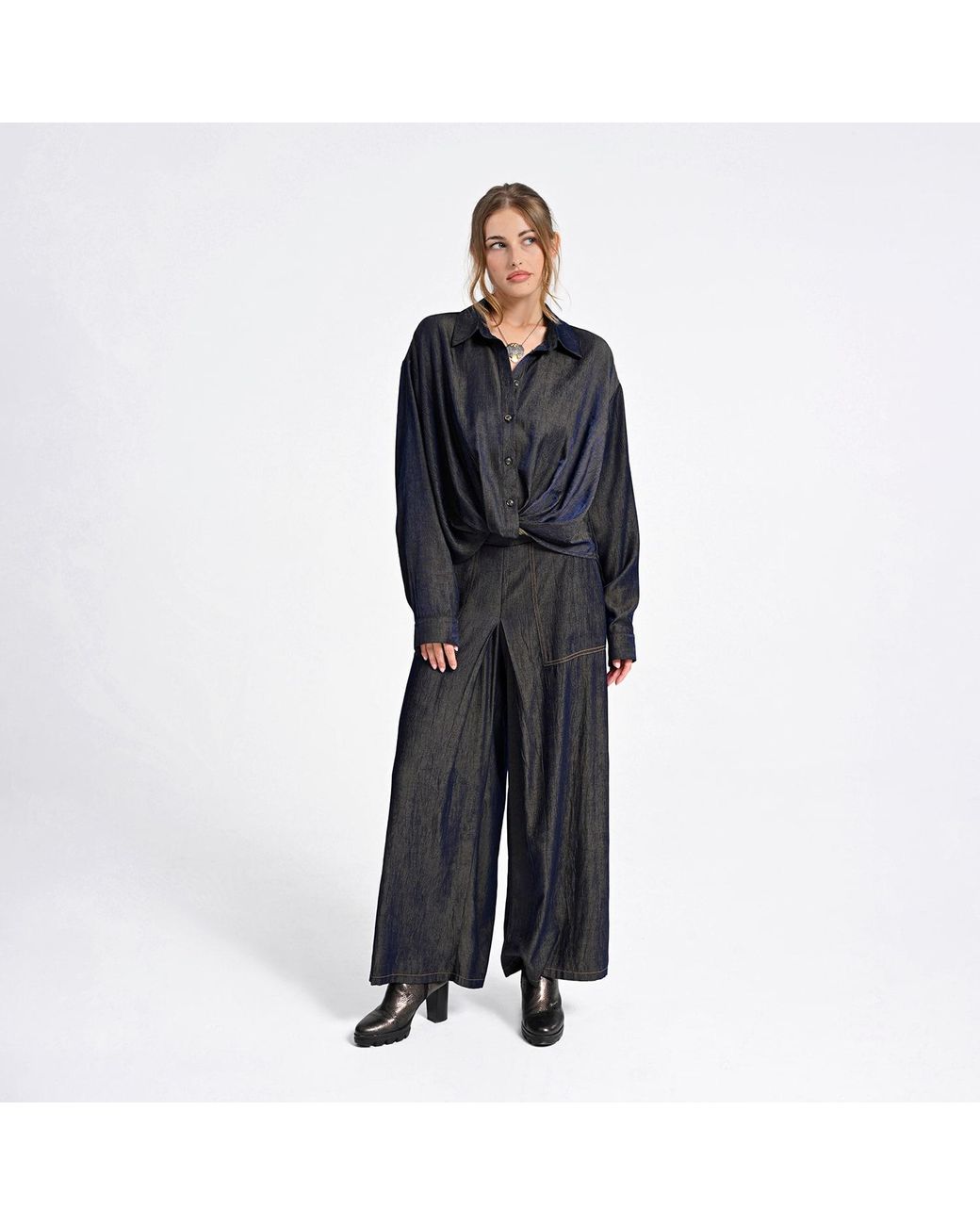 Lalipop Design Blue Relaxed Shirt With Draped Front Hem