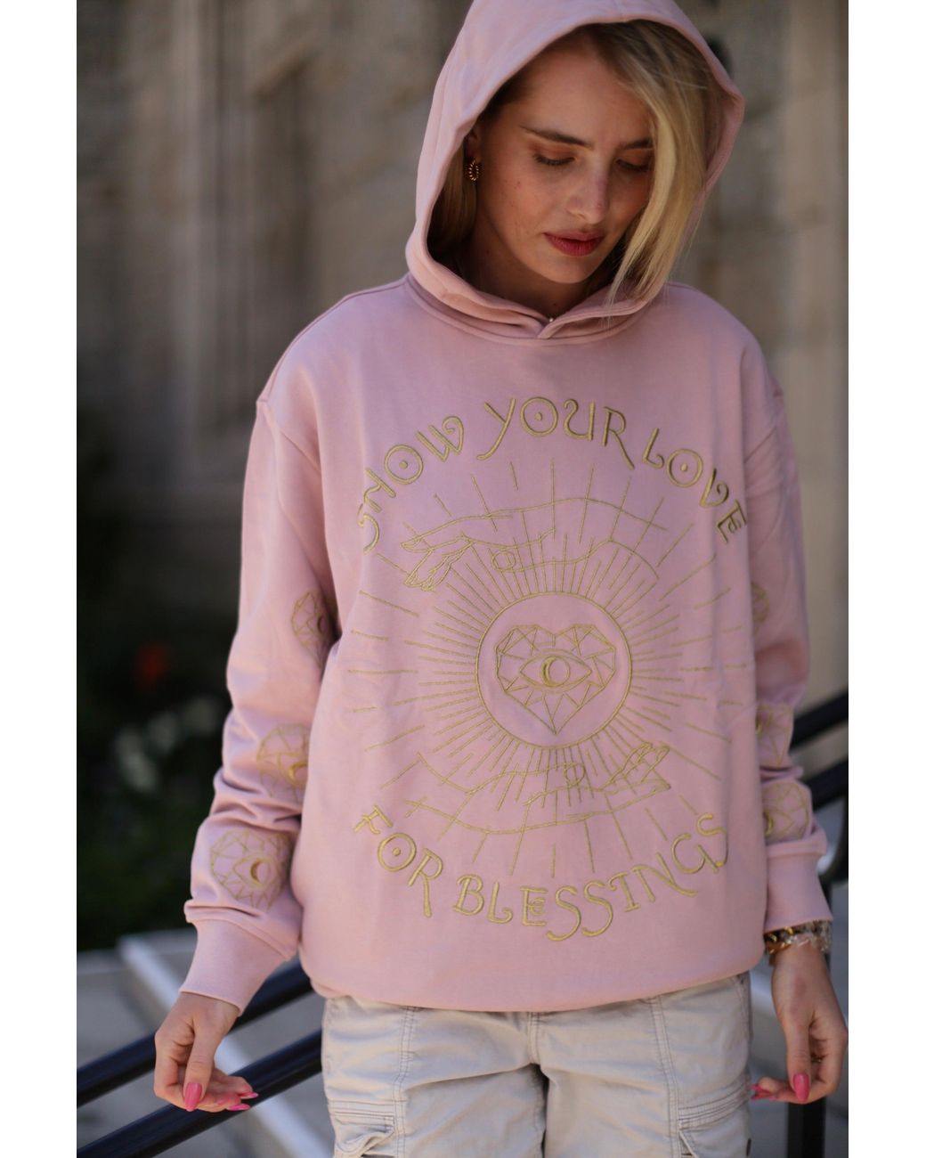Miracles Manifester Pink Show Your Love Affirmation Embroidered Hoodie