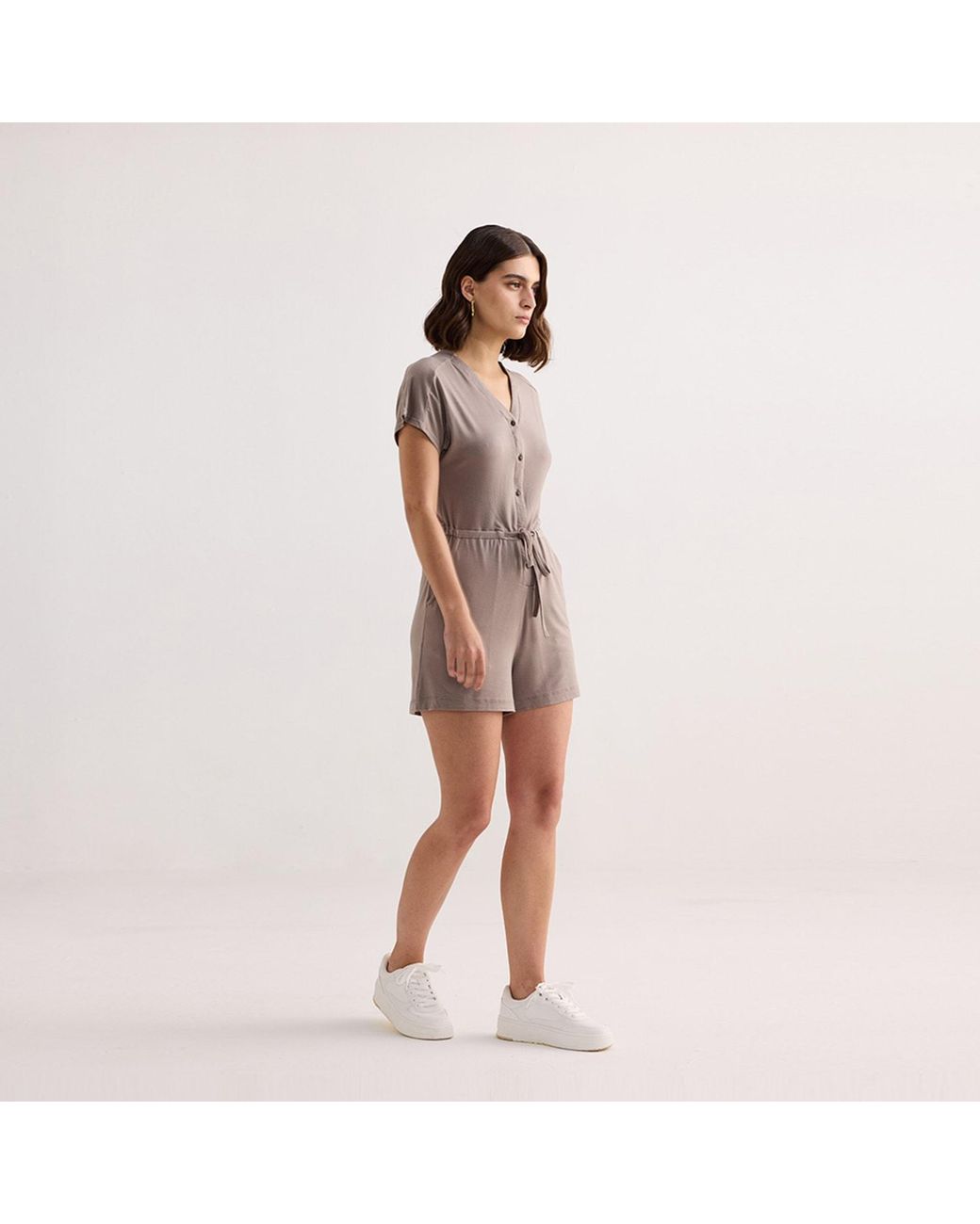 REISTOR Brown V Neck Drawstring Knit Romper