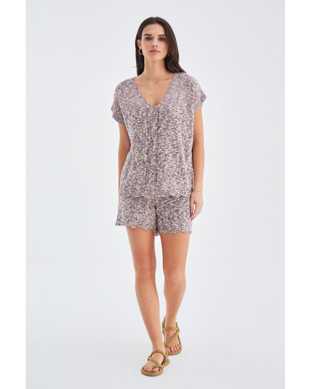 Peraluna Purple Renge Knitted Blouse & Shorts Matching Set