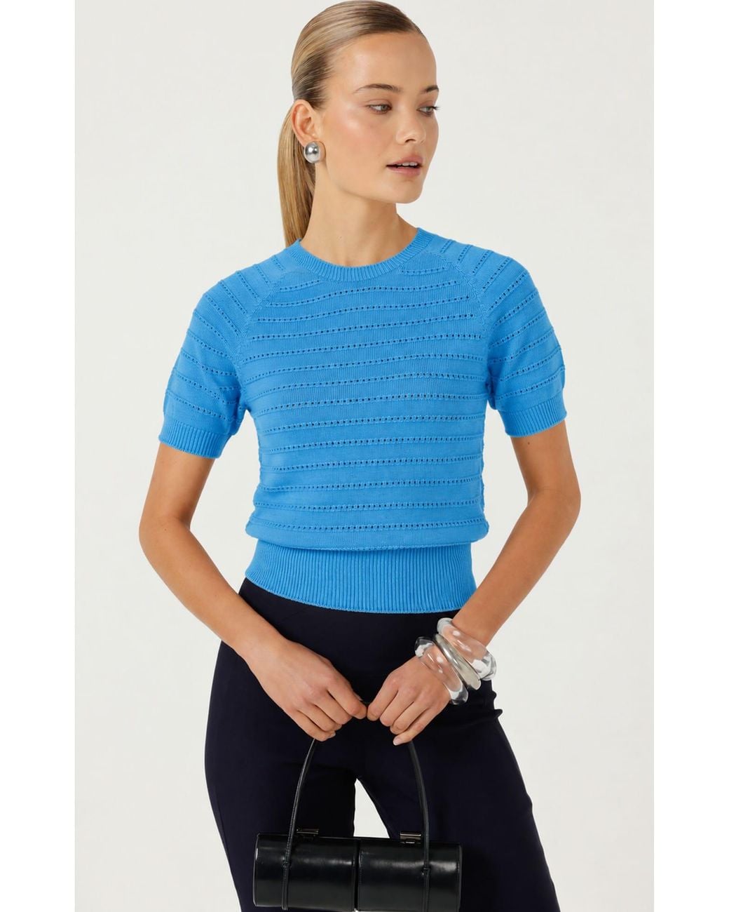 SACHA DRAKE Blue Eyelet Knit Top