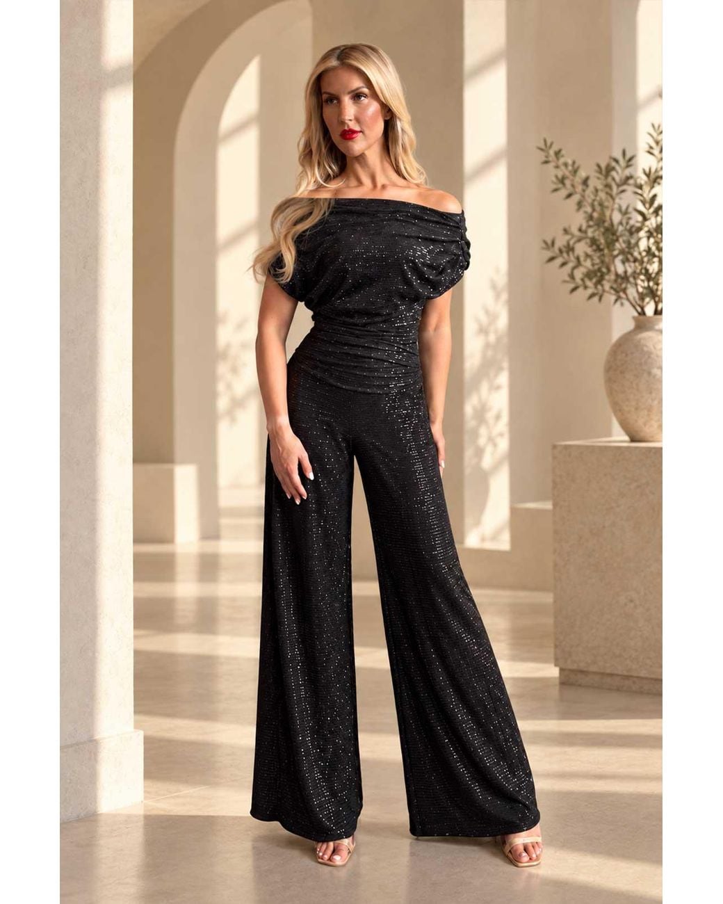 Atom Label Black Carbon Sequin Bardot Wide Leg Jumpsuit