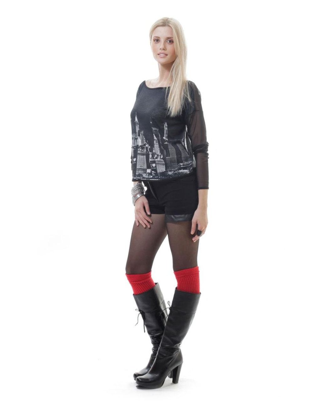 Conquista Black Low Back Sheer Print Top