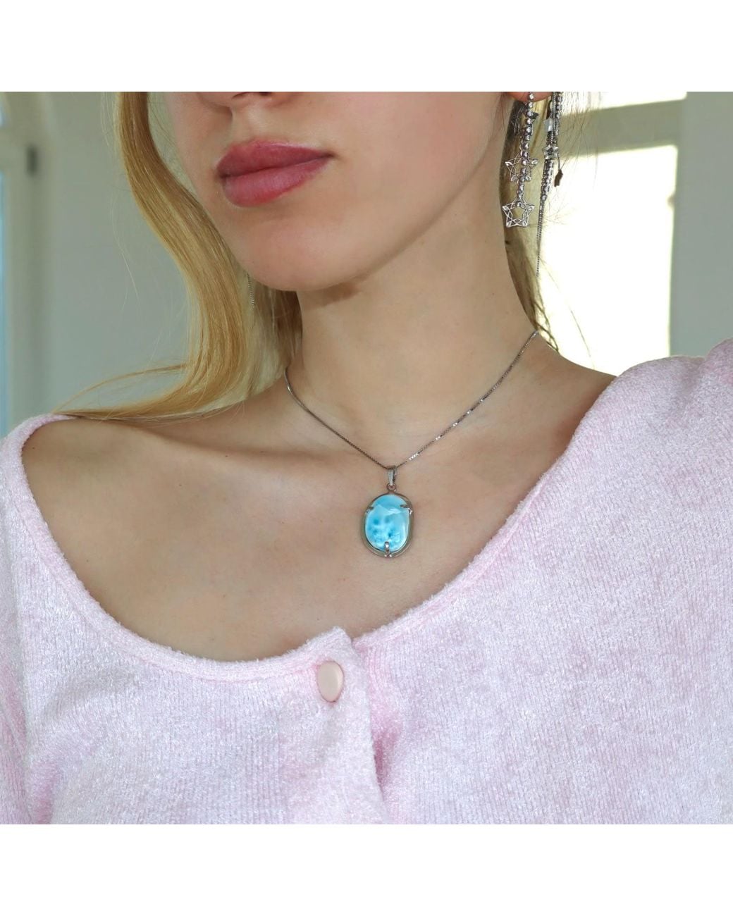 Mineralgems•Studio Blue Larimar Pendant With Sterling Chain