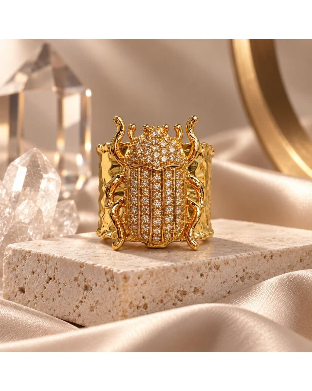 By Ozge Metallic Egyptian Protection Zircon Scarab-Plated Adjustable Chunky Ring