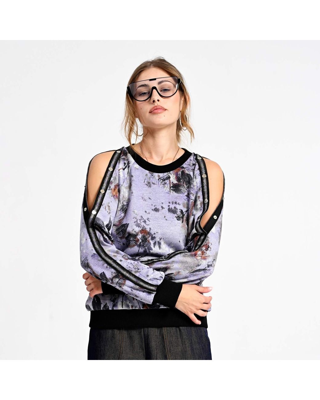 Lalipop Design Blue Floral Print Sweatshirt With Snap-Button Shoulder Detail