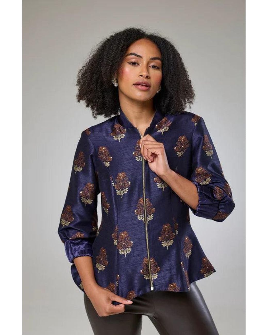 Lioness by Tf Blue Auburn Embroidered Raw Silk Fitted Jacket Blouse