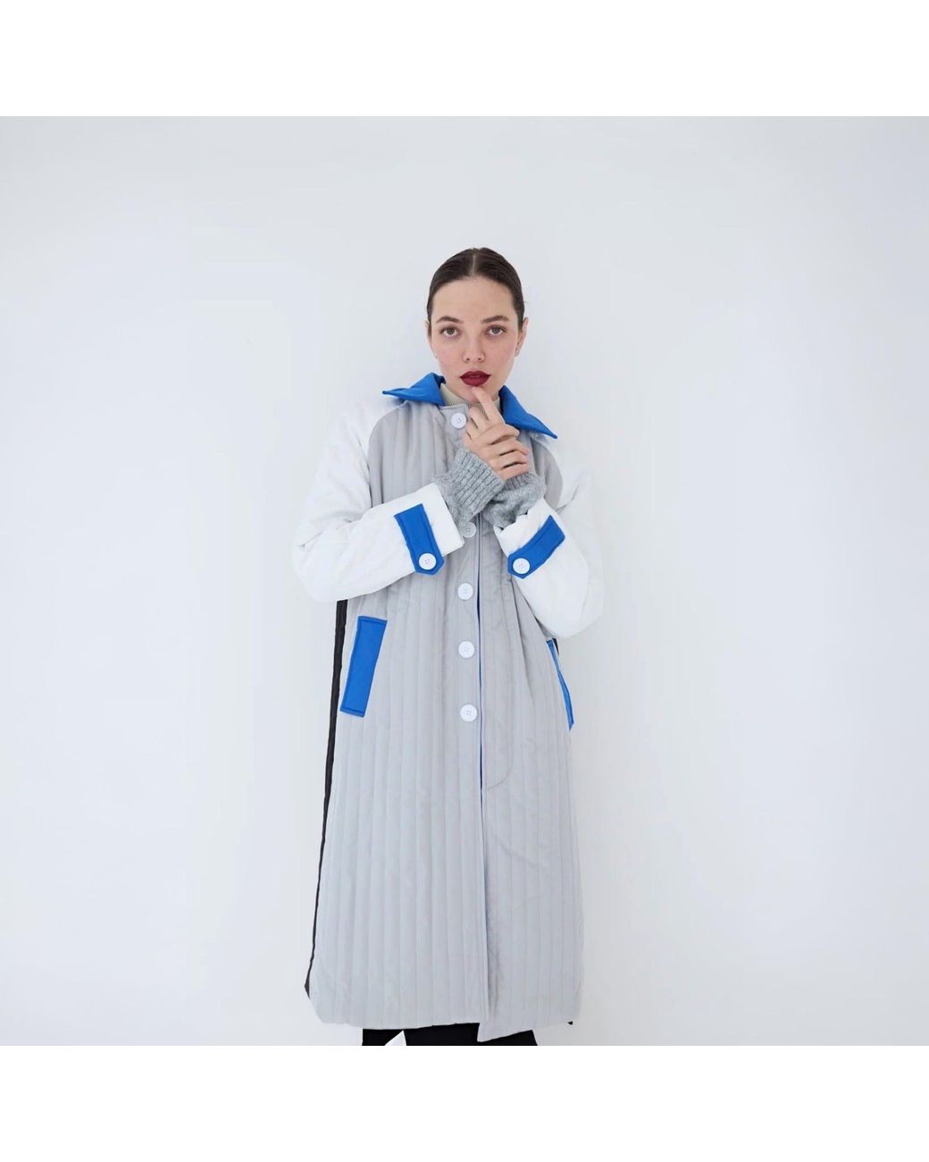 London Atelier Byproduct Blue Patchwork Colour Block Quilt Long Jacket