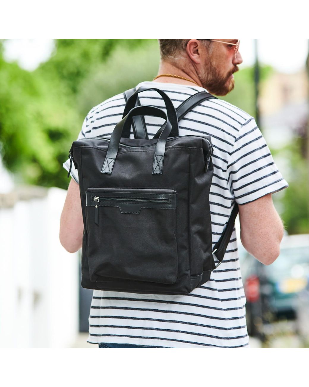 VIDA VIDA Black Leather Trim Top Zip Backpack