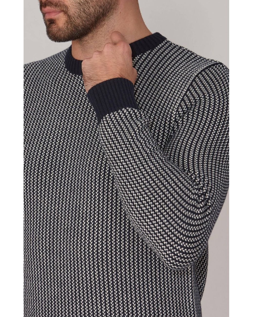 Paul James Knitwear Blue Cotton Fisherman Tuck Stitch Jumper for men