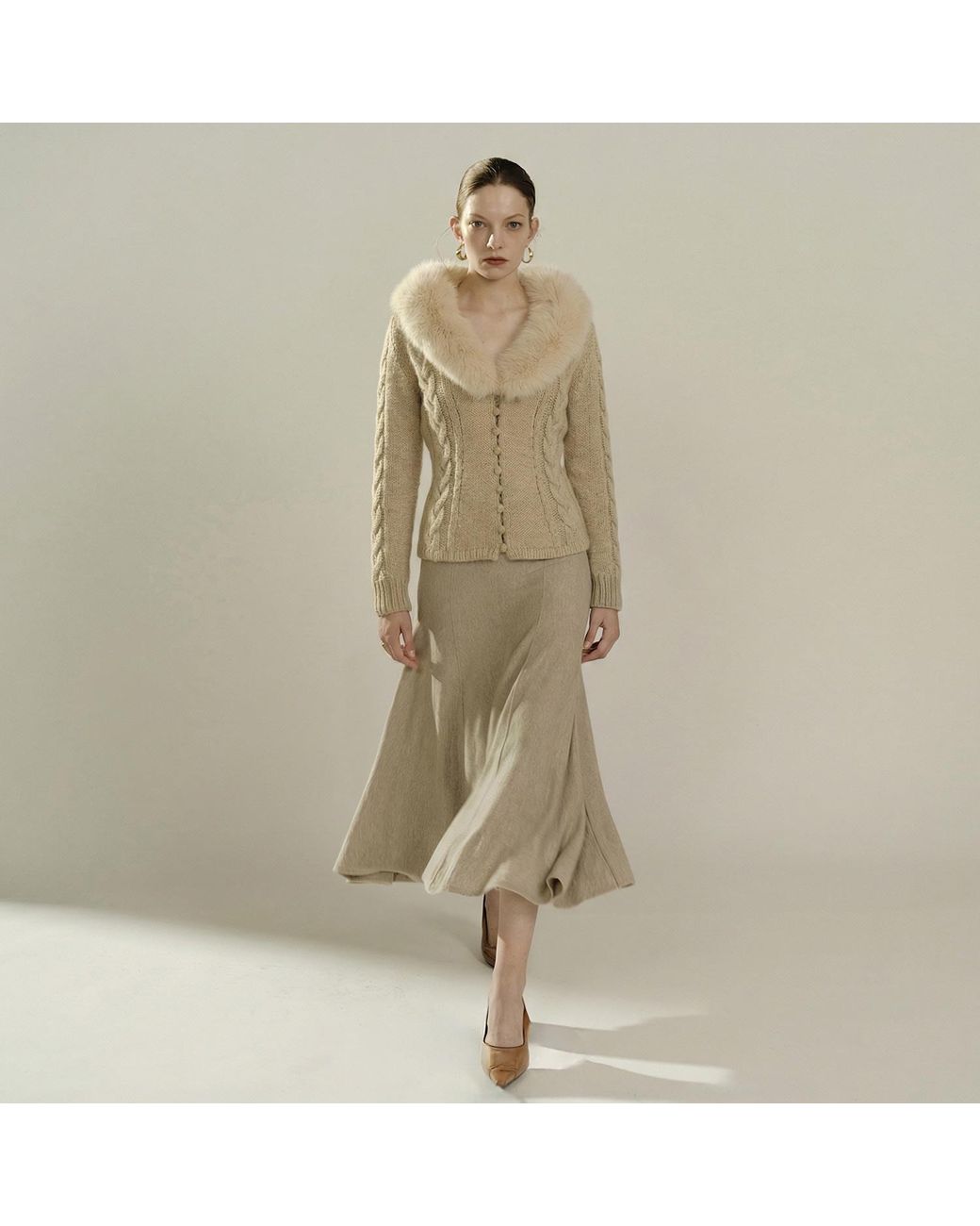 Belsize25 Natural Neutrals Cashmere-Blend Faux Fur Collar Cable-Knit Cardigan