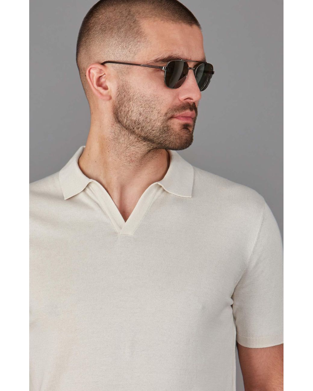 Paul James Knitwear White Neutrals Ultra Fine Cotton Nathann Buttonless Polo Shirt for men