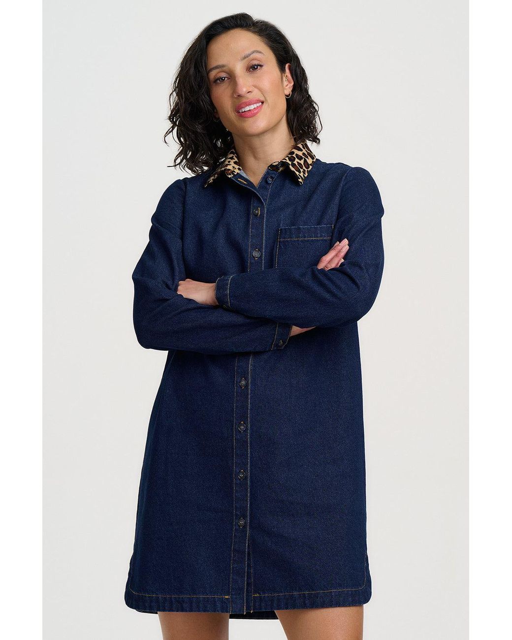 Sugarhill Blue Ilsa Short Denim Shirt Dress Leopard