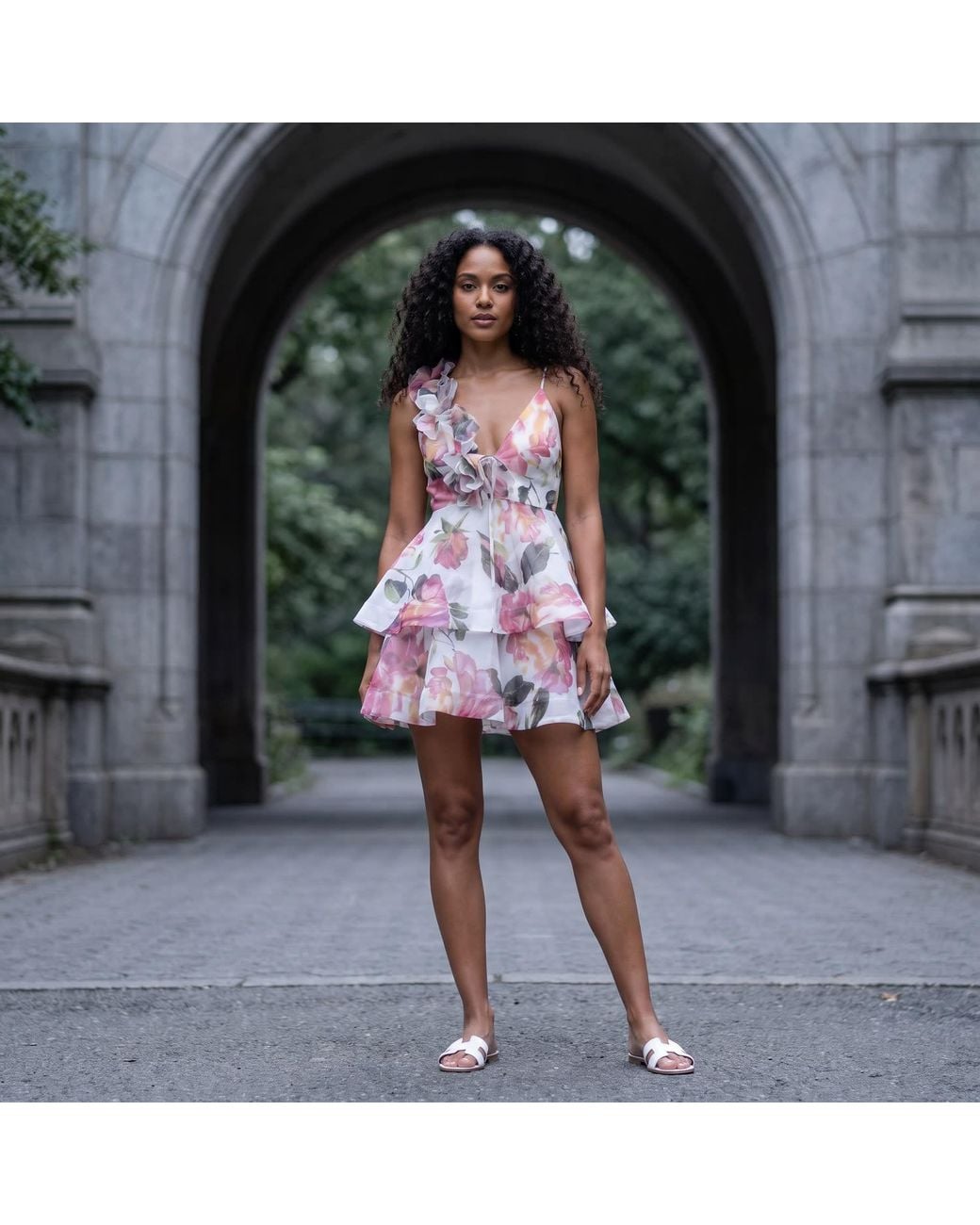 Modenaire Pink Floral Printed Mini Dress With Ruffle Layers And Tie Waist