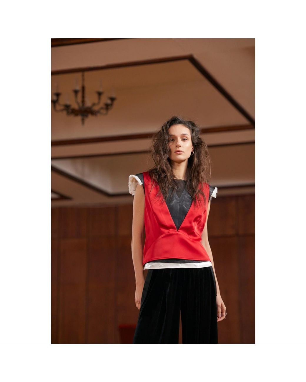 Julia Allert Red Satin Blouse With Mesh And Shoulder Pads