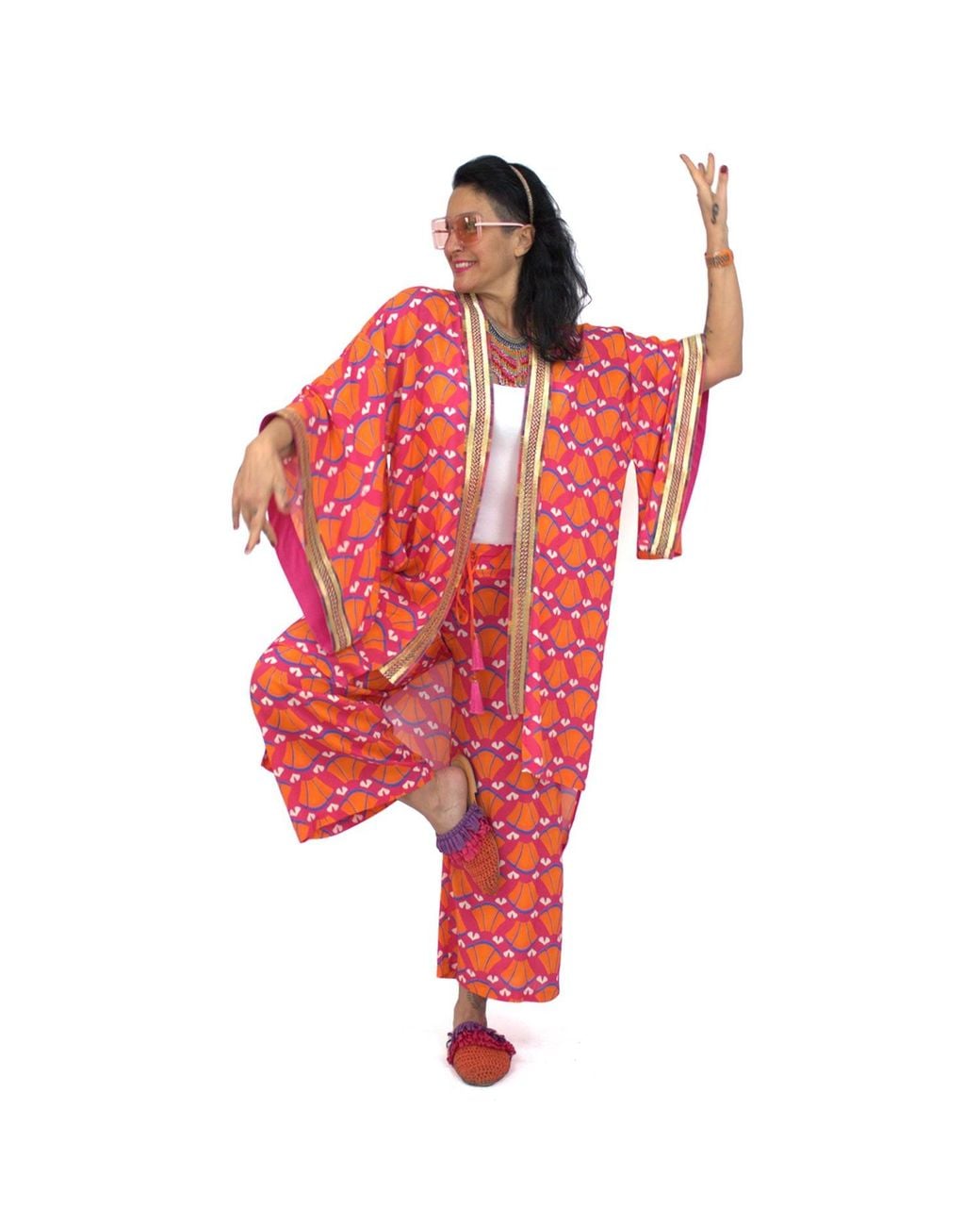 Lalipop Design Red Multi-Color Abstract Viscose Kimono Embellished With Golden Embroidery Details