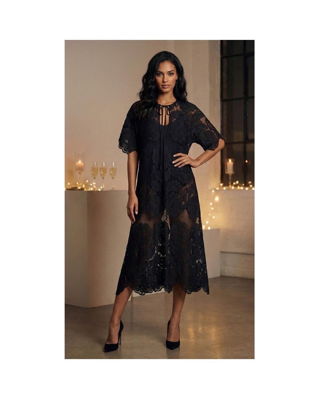 Saachi Black Floral Mesh Lace Kaftan