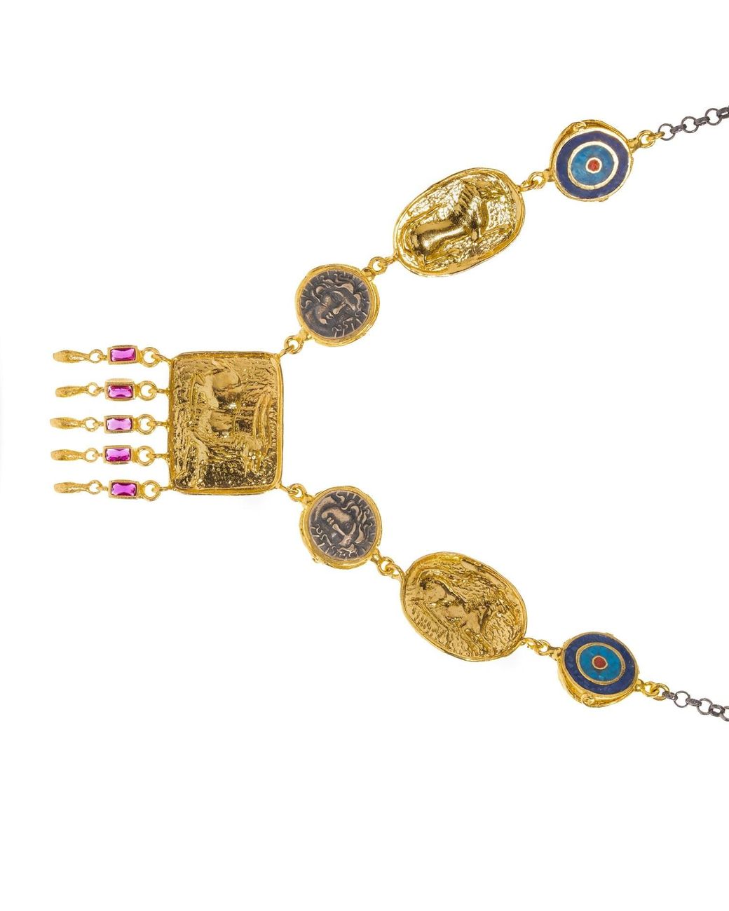 Ebru Jewelry Metallic Amulet Gathering Evil Eye & Ruby Fringe Two Tone Necklace