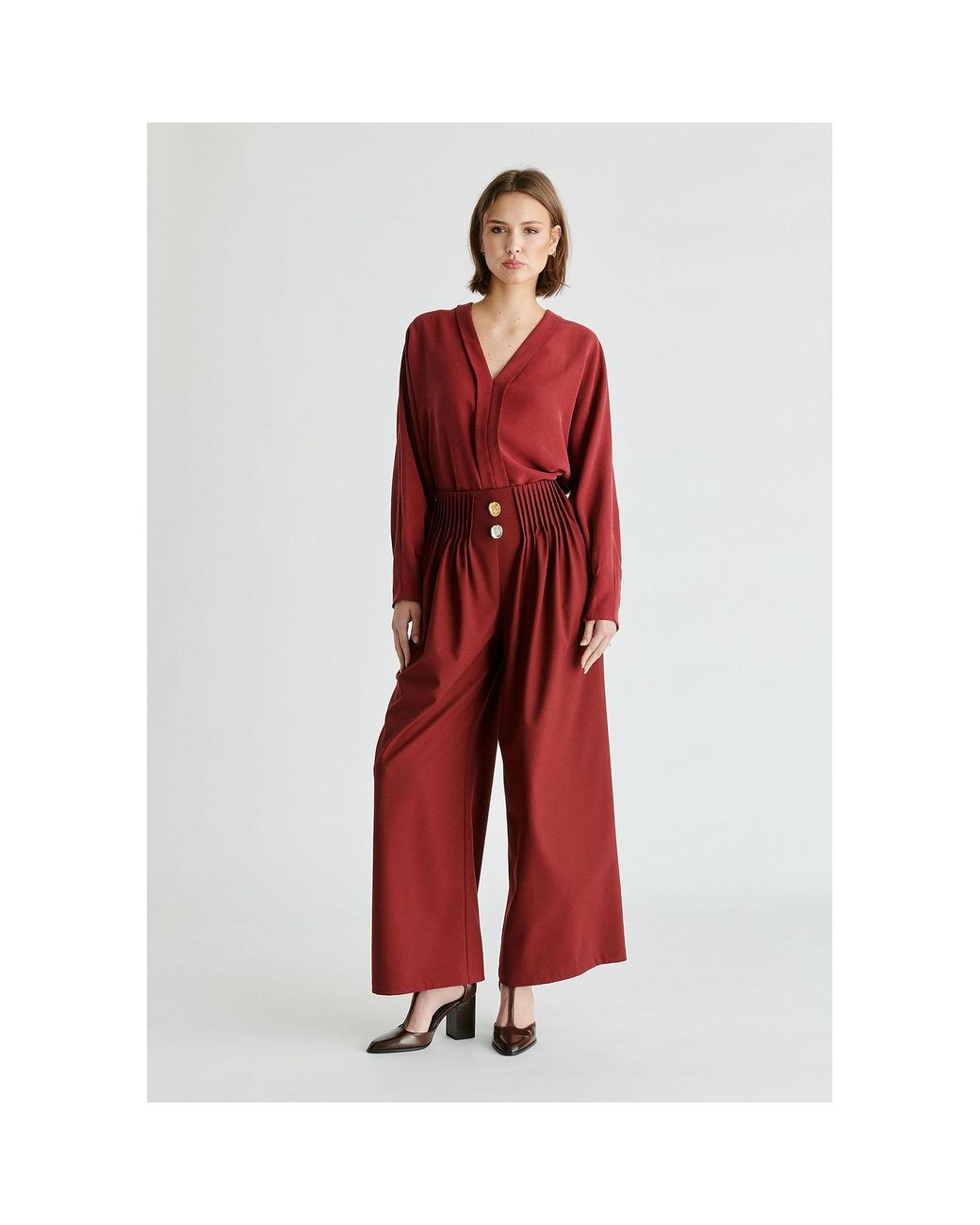 Paisie Red Wide Leg Trousers With Pleated Waist Detail