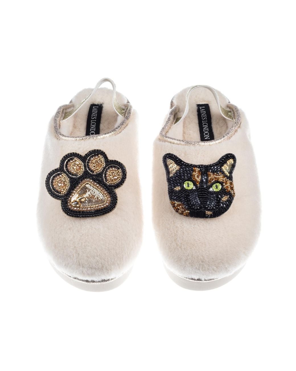Laines London Multicolor Neutrals Flatform Cloud Slippers With Misty The Tortoiseshell Cat & Paw Brooches