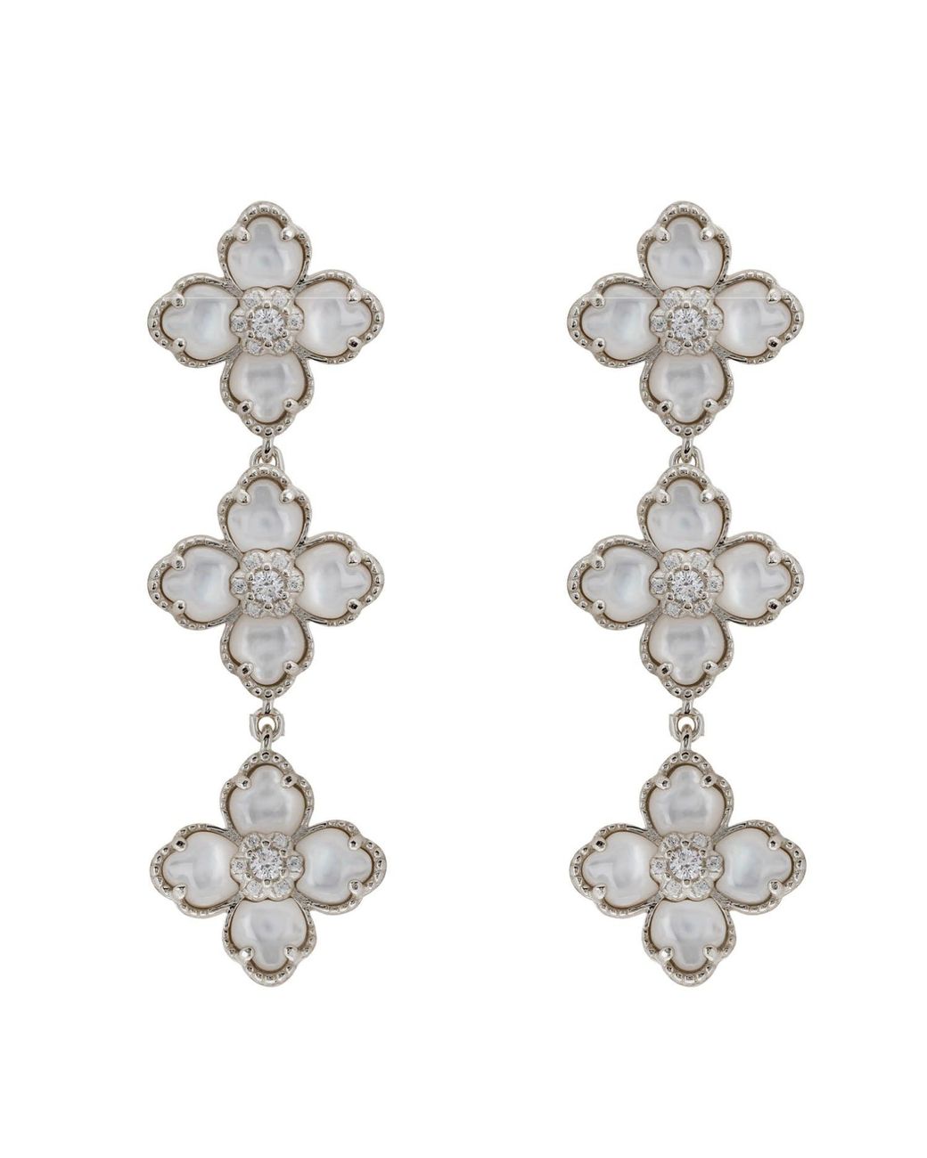 Latelita London White Flower Clover Triple Drop Earrings Mother Of Pearl