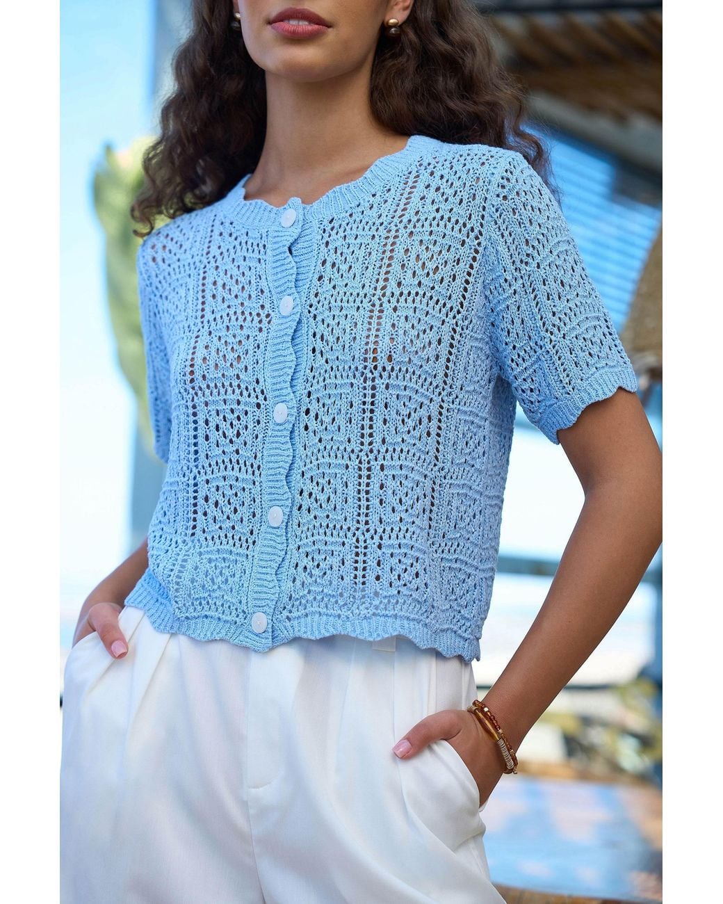 Yumi' Blue Crochet Short Sleeve Cardigan