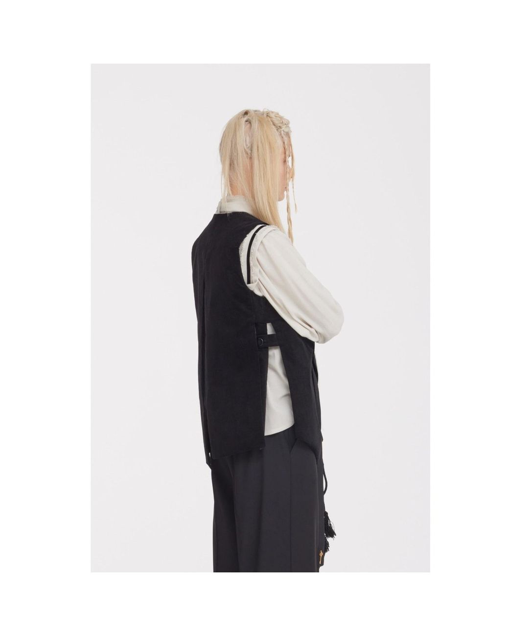 Julia Allert Black Longline Asymmetric Wrap Velvet Vest –
