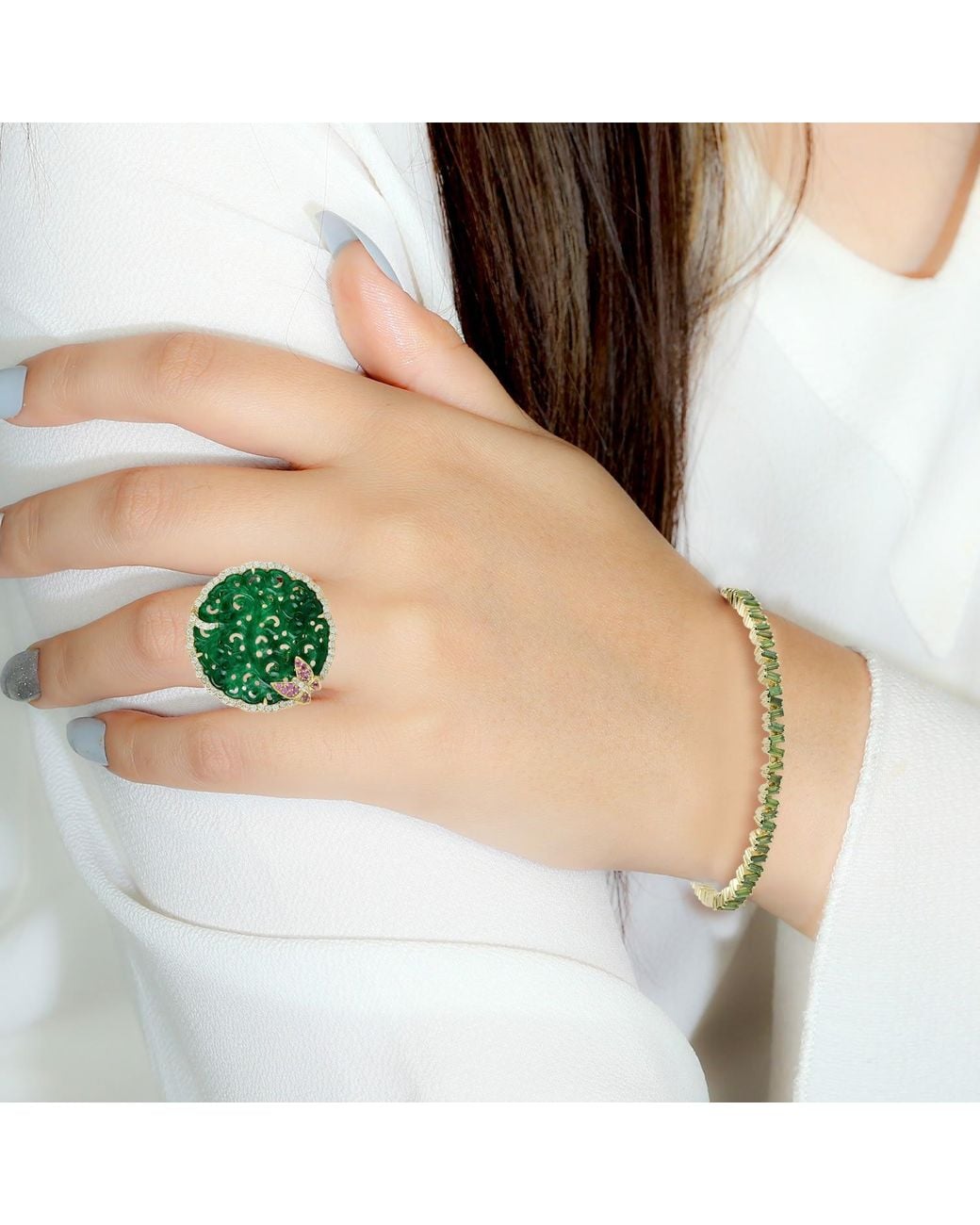 Artisan Green Carved Jade Diamond & Sapphire Butterfly Ring