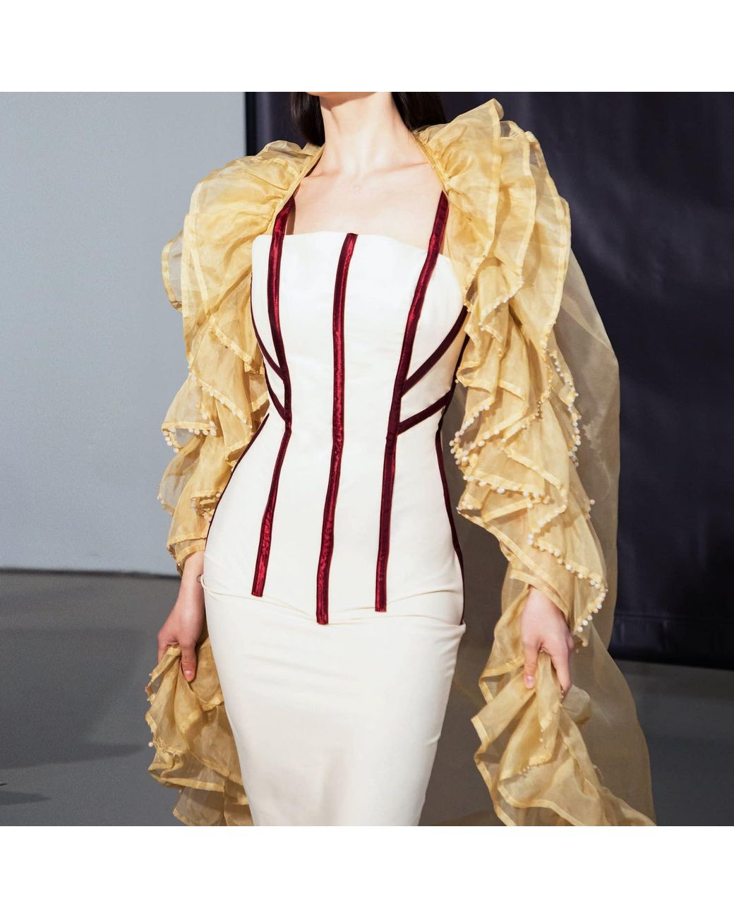 Jane Gala Metallic Neutrals Nude Silk Organza Hand-Beaded Ruffled Cape
