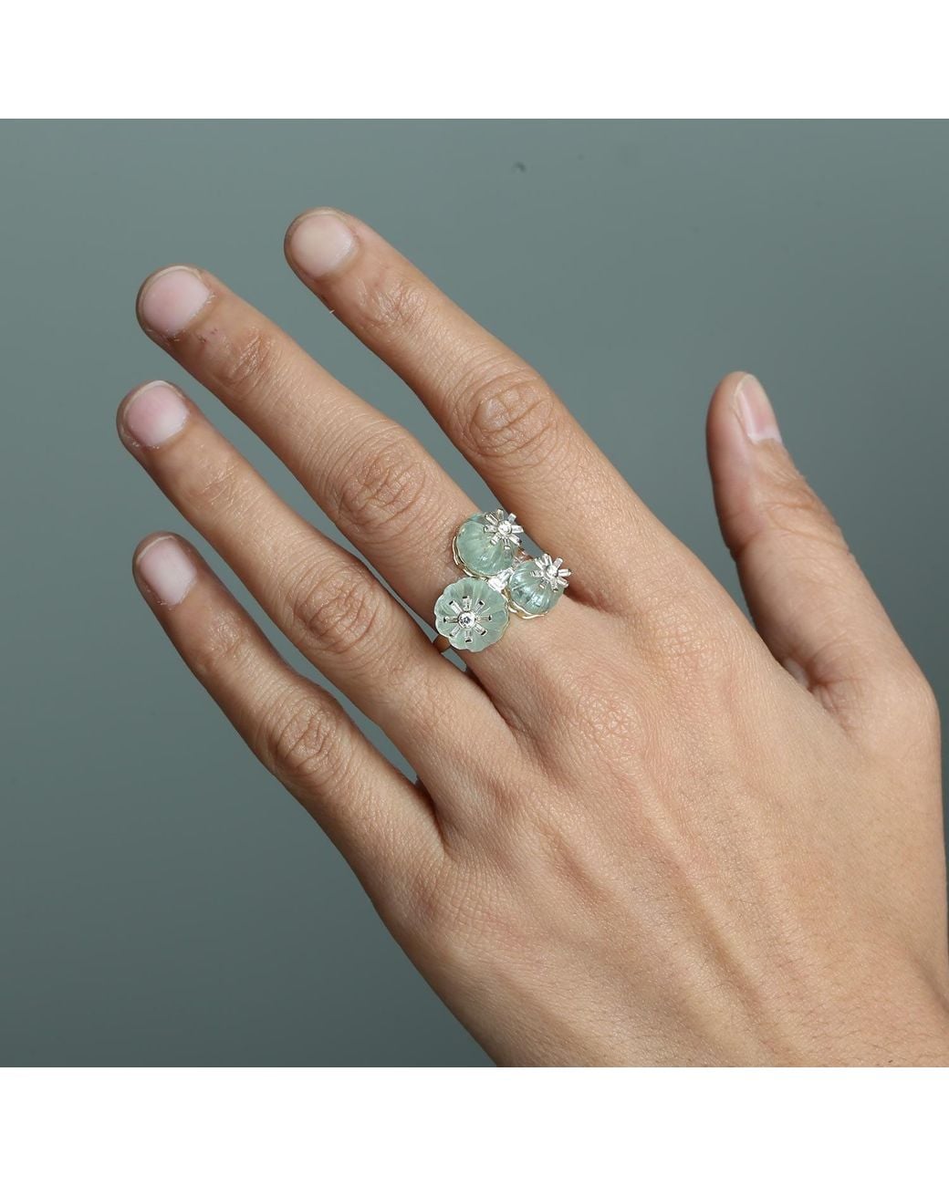 Artisan Green Carved Emerald & Diamond Cluster Ring