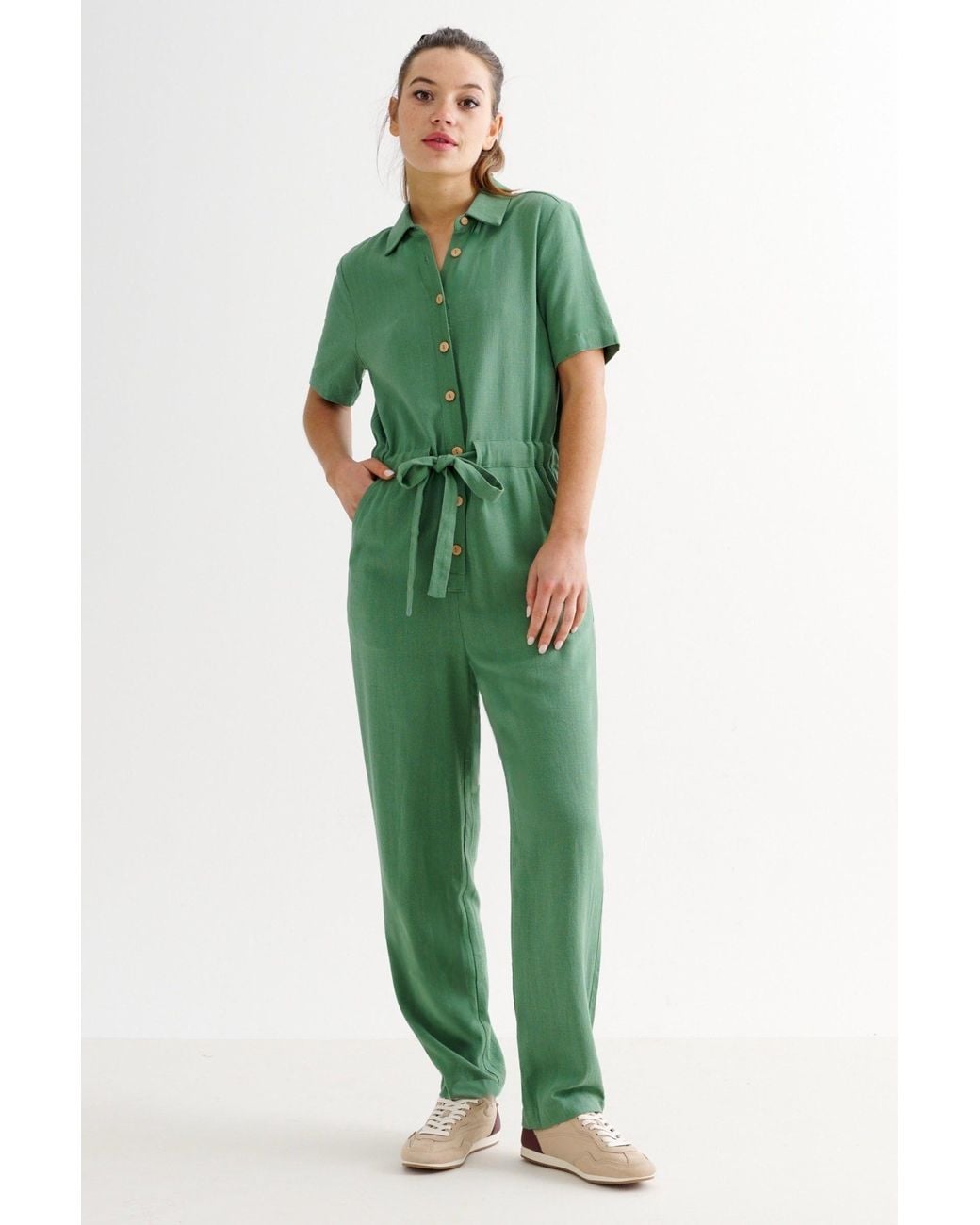 Louche Green Justin Linen Mix Short Sleeve Jumpsuit