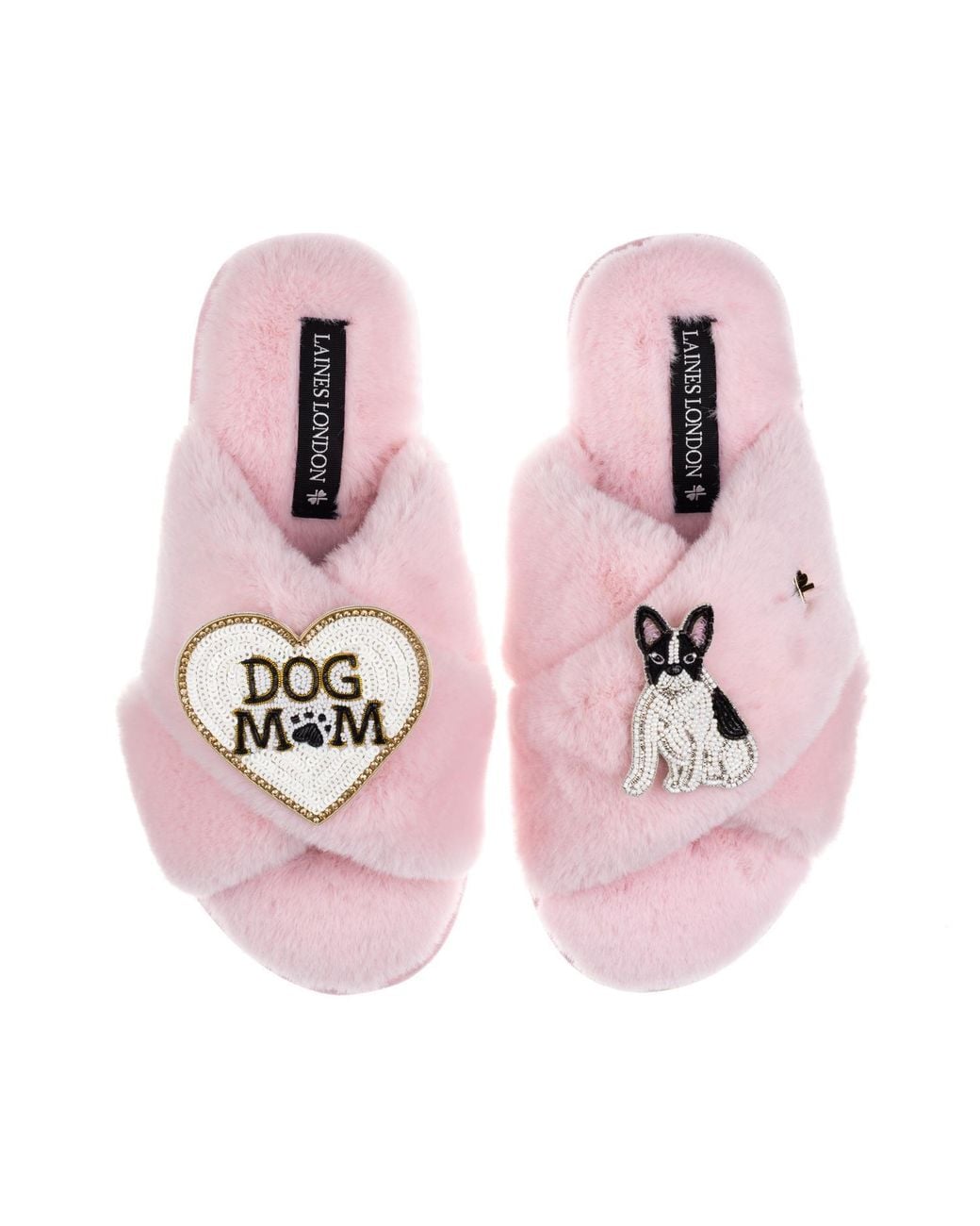 Laines London Pink Classic Slippers With Dog Mum/Mom & Sitting French Bulldog Brooches