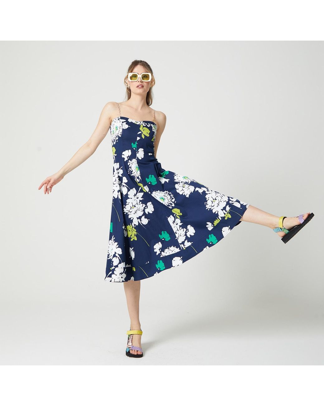 Lalipop Design Blue Two Chain-Link Shoulder Straps Midi Dress