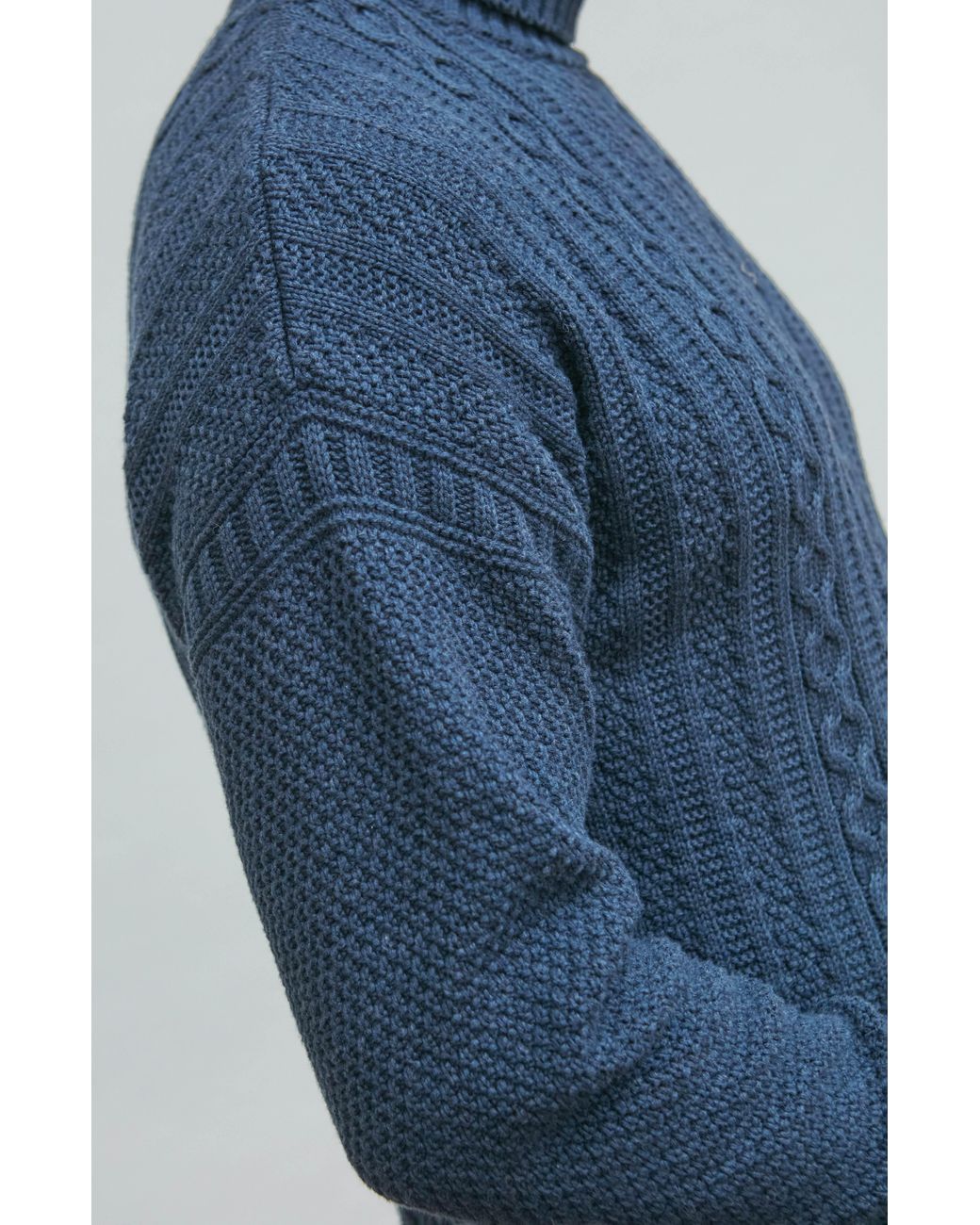 Paul James Knitwear Blue Midweight Cotton Aith Cable Roll Neck Gansey Jumper for men