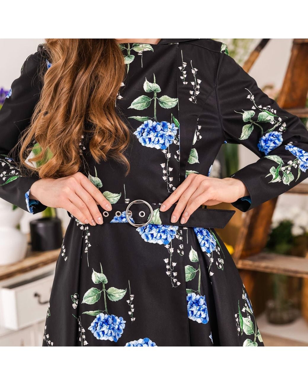 RainSisters Black Floral Trench Coat: Flower Moon