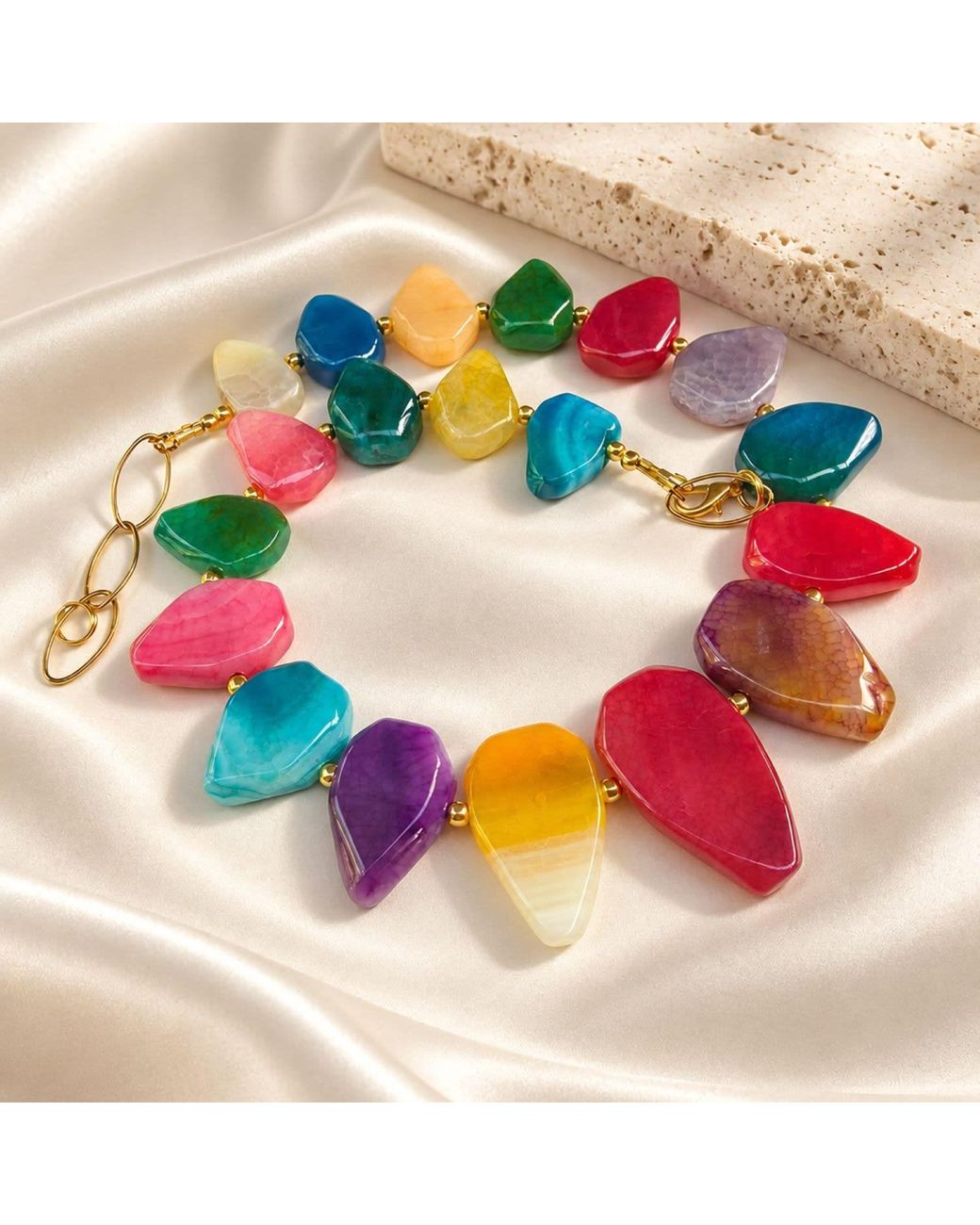 Way to Chic Red Multicolour Agate Statement Necklace With-Plated Accents
