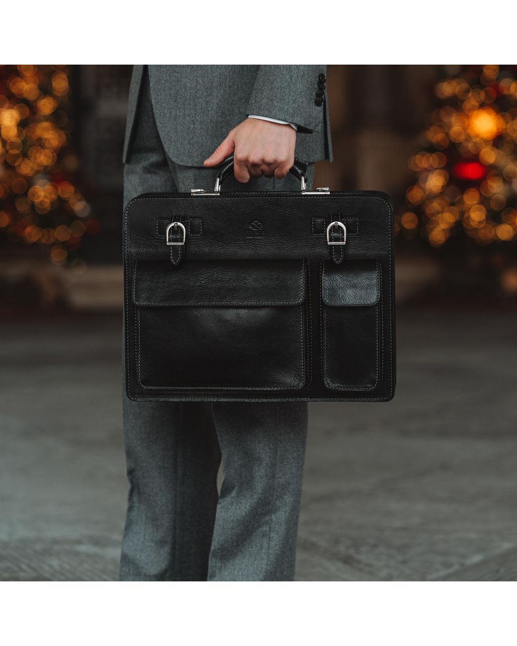 Time Resistance Black Leather Large Satchel Bag Briefcase for men